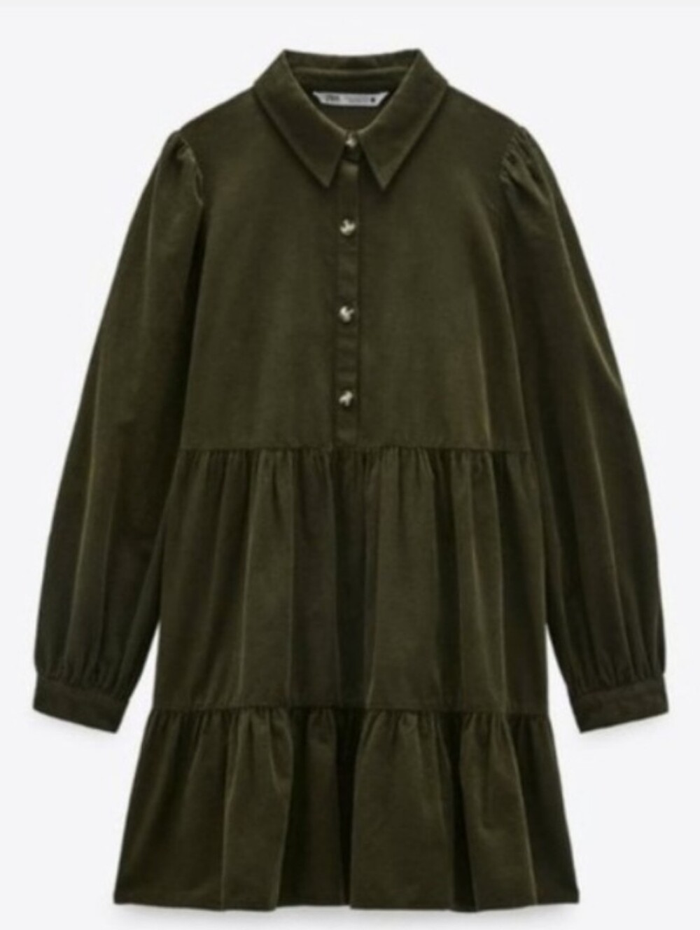 ZARA Olive Green Tiered Button-Front Shirt Dress Soft Teztured Corduroy